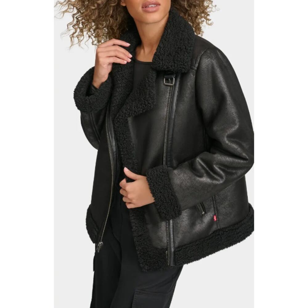 NEW Levi's Black Shearling Faux Leather Moto Jacket Large Trucker Sherpa $225